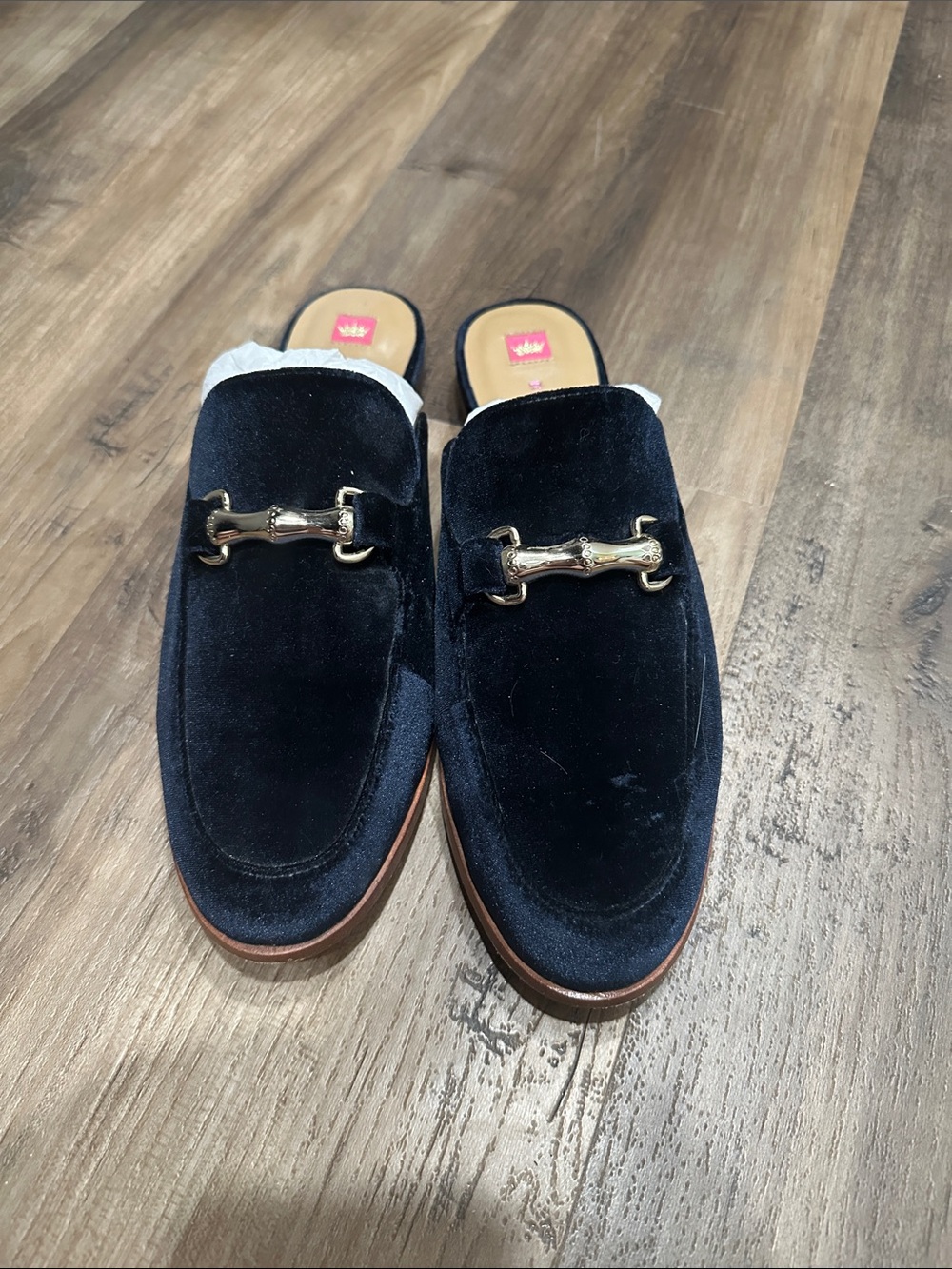 Elaine Turner Navy Velvet Backless Loafers with Gold Bit